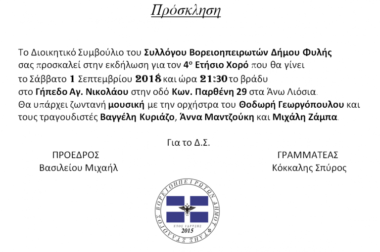 Το Σάββατο 1η Σεπτεμβρίου ο 4ος ετήσιος χορός του συλλόγου Βορειοηπειρωτών Φυλής