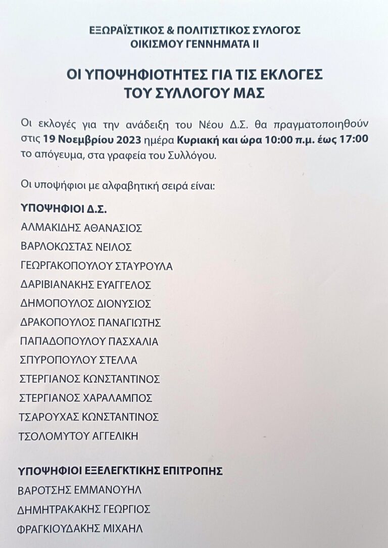 Σύλλογος Οικισμού Γεννηματά ΙΙ – Εκλογές αύριο Κυριακή 19/11