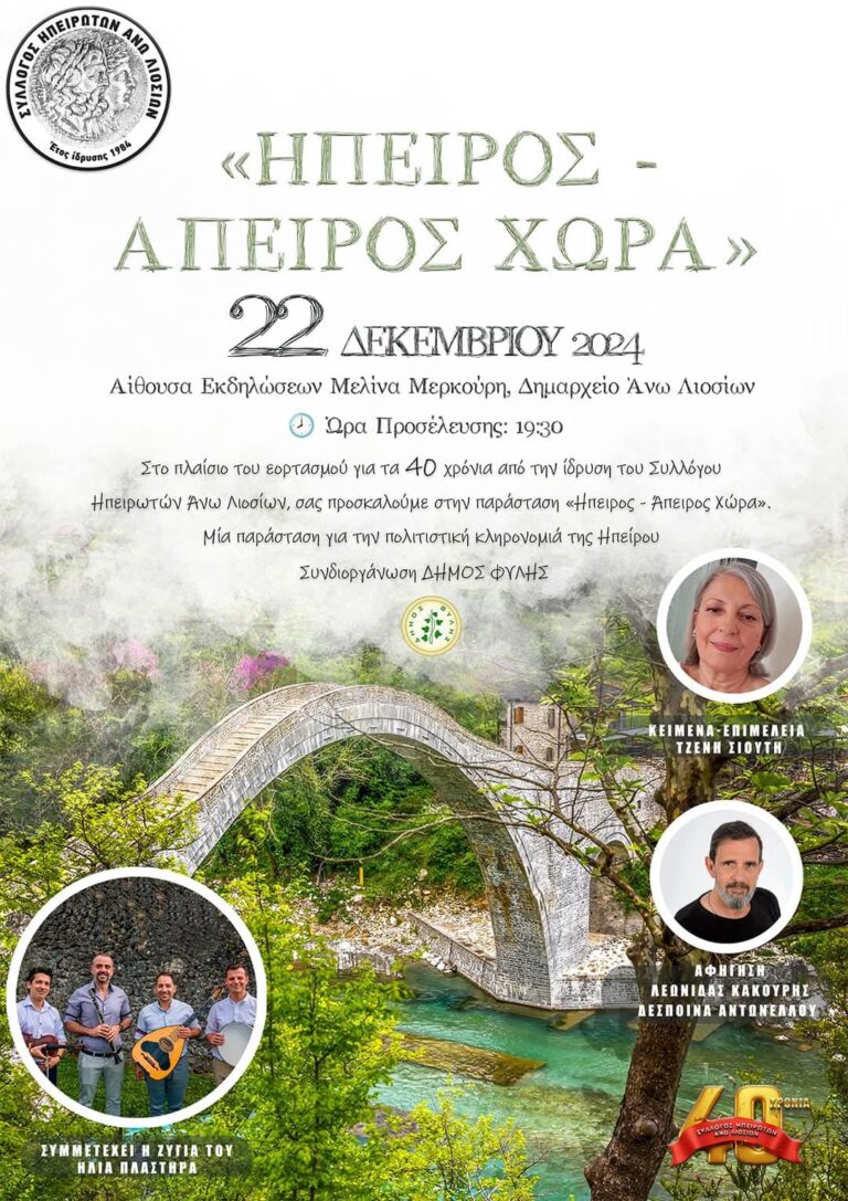 “40 Χρόνια Σύλλογος Ηπειρωτών Άνω Λιοσίων: Μια Επετειακή Εκδήλωση Πολιτισμού και Παράδοσης” την Κυριακή 22/12