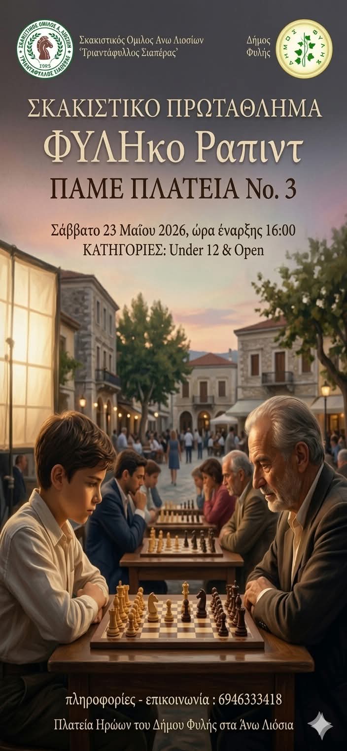 ΦΥΛΗκο Πρωτάθλημα Σκάκι στην Πλατεία Ηρώων το Σάββατο 23 Μαΐου